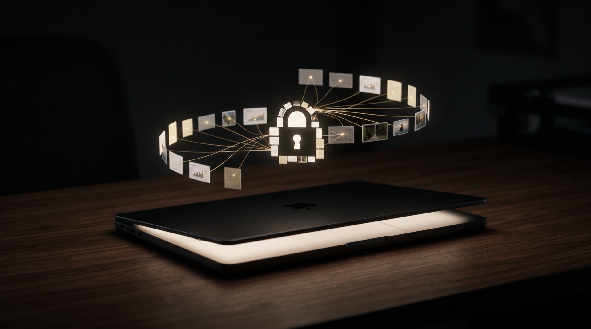 A closed laptop with a ring of private health notes orbiting a padlock above it