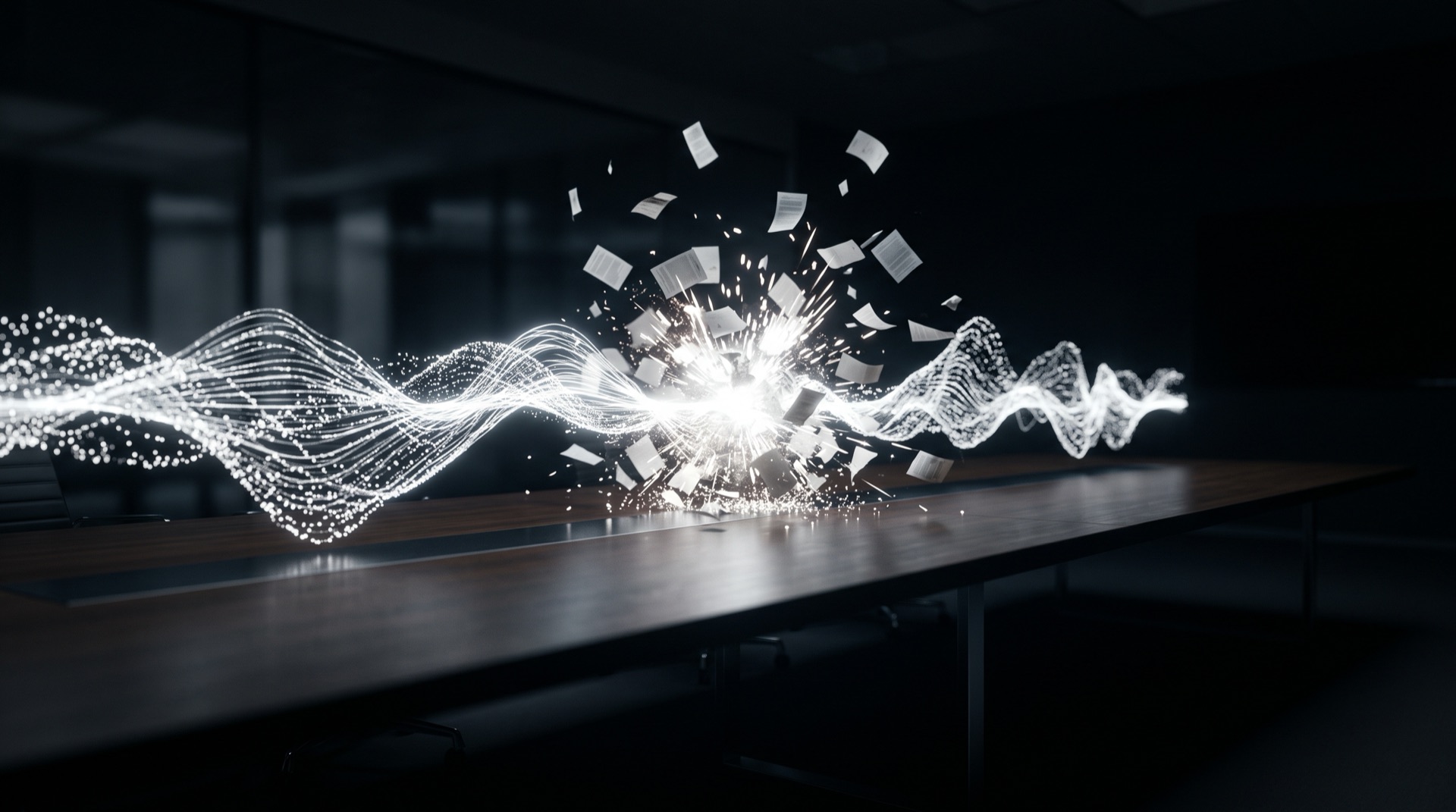 Two particle sound waves colliding over a boardroom table in a burst of paper fragments