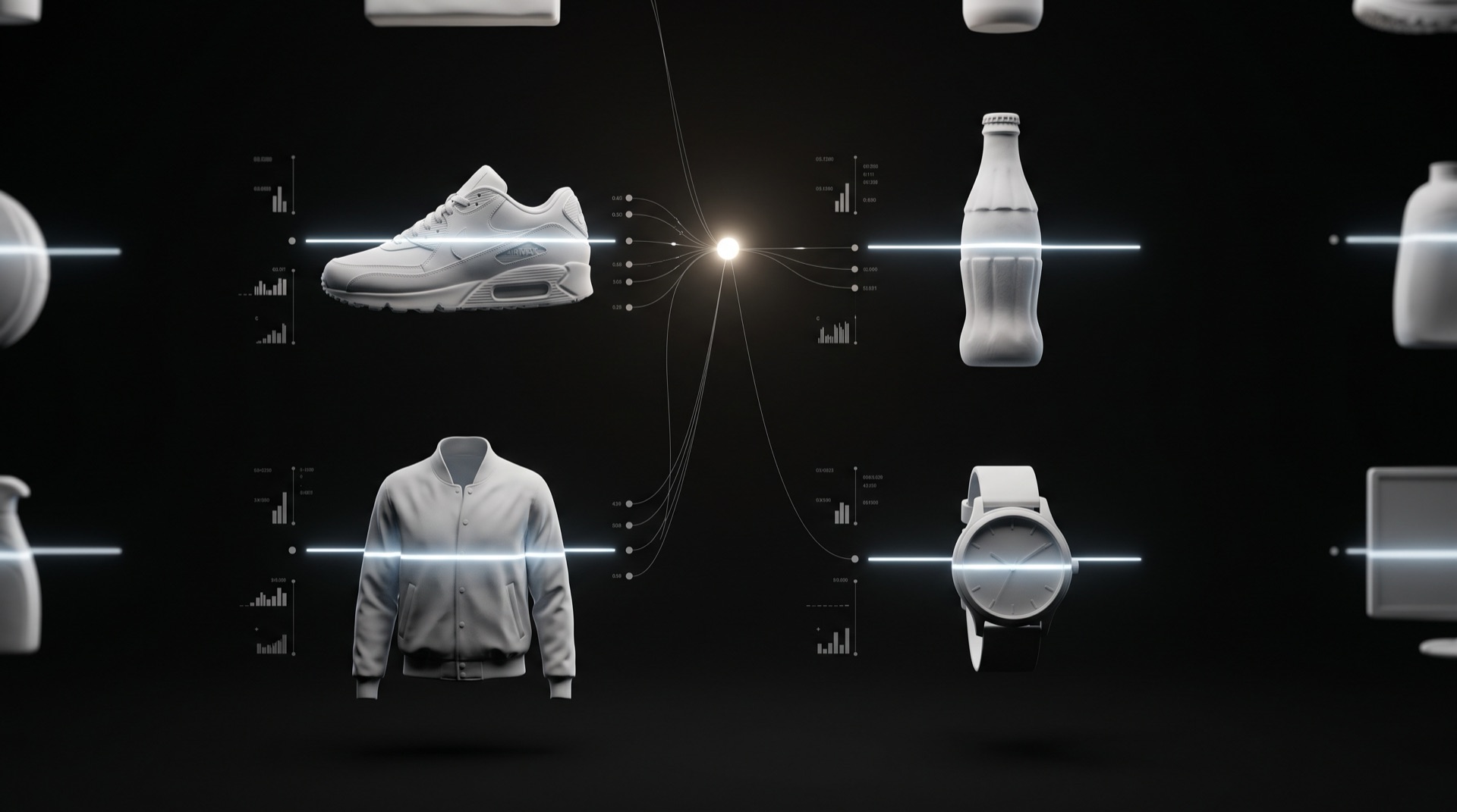 Retail products scanned by lines of light and wired to a central agent node